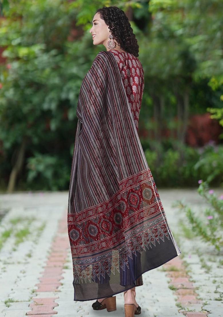 Maroon Printed Viscose Kurta Set - Indya