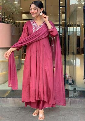 Maroon Embroidered Viscose Kurta Set