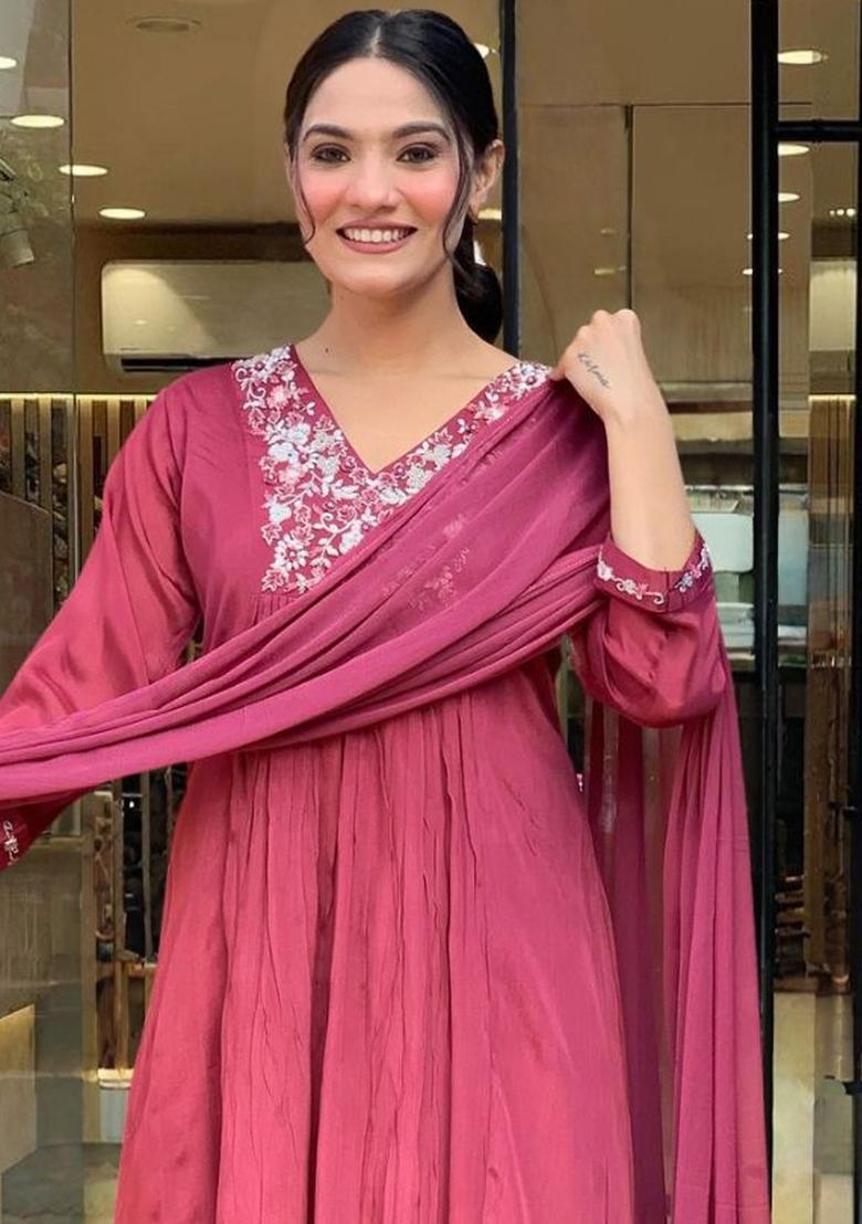 Maroon Embroidered Viscose Kurta Set - Indya