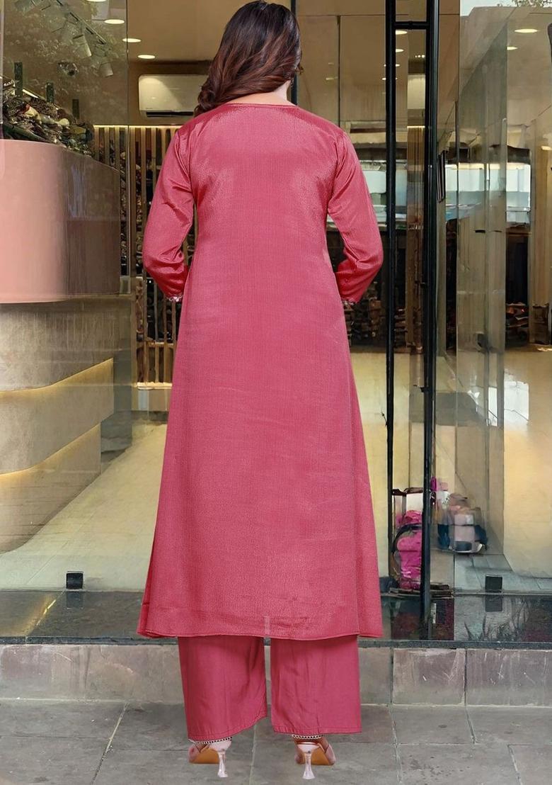 Maroon Embroidered Viscose Kurta Set - Indya