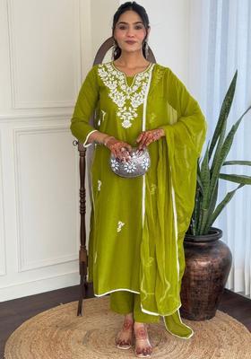 Green Embroidered Cotton Kurta Set