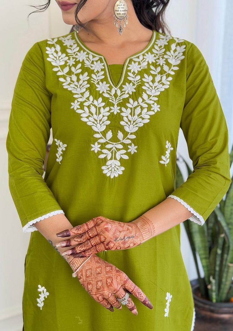 Green Embroidered Cotton Kurta Set - Indya