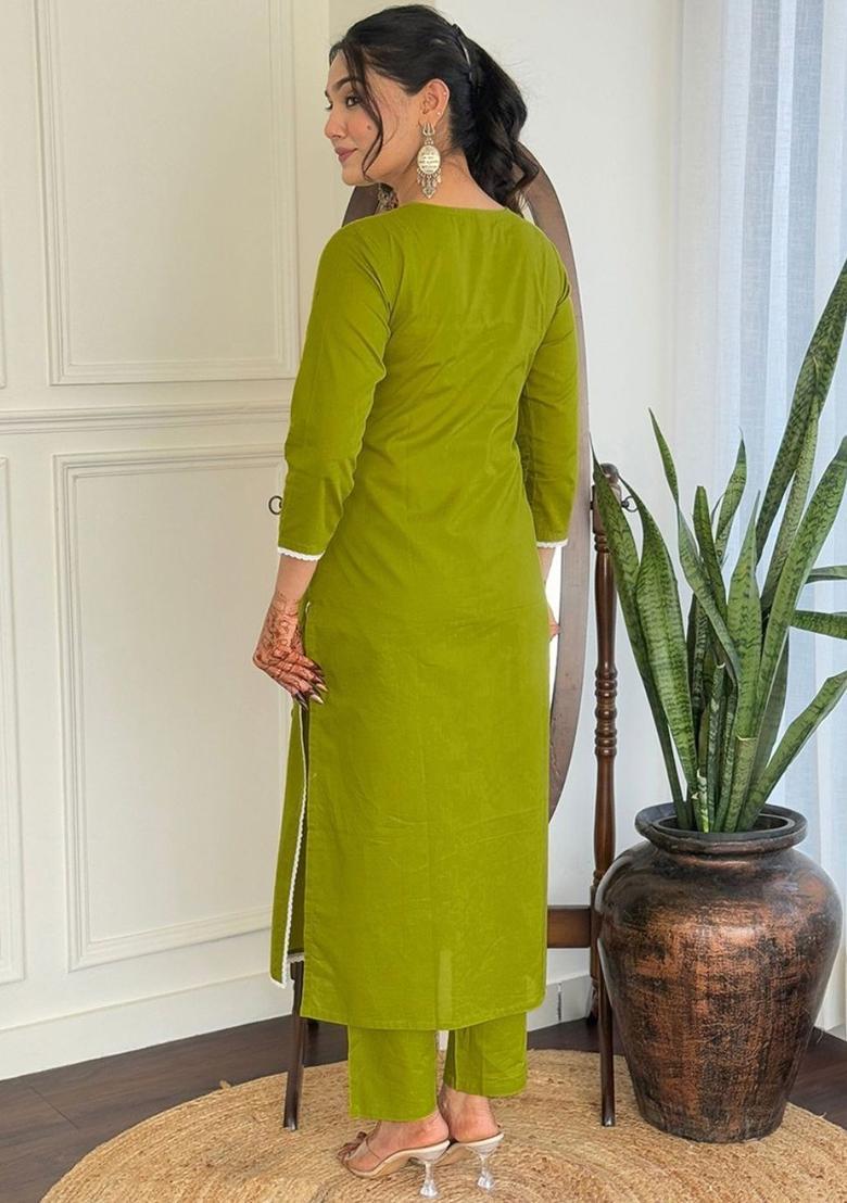 Green Embroidered Cotton Kurta Set - Indya