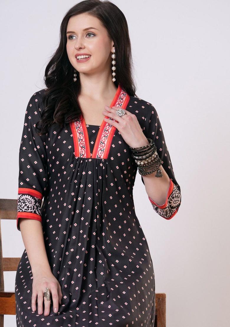 Black Printed Viscose Kurta Set - Indya