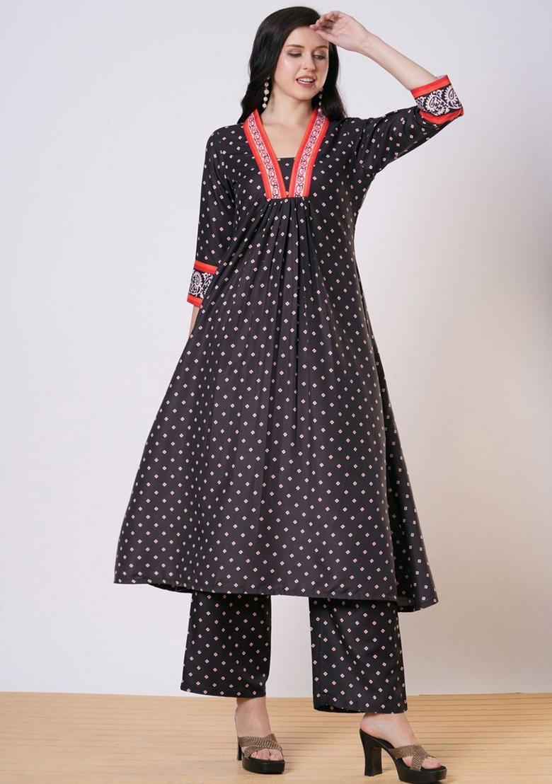Black Printed Viscose Kurta Set - Indya