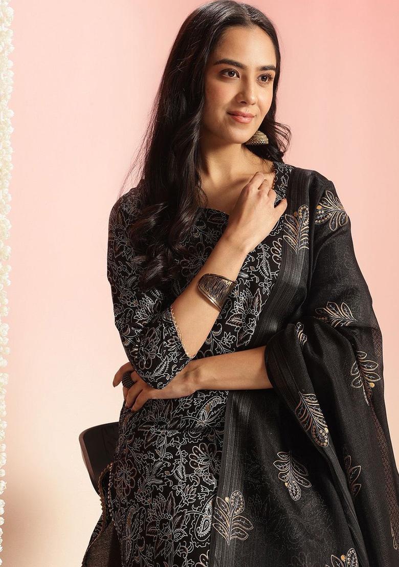 Black Printed Viscose Kurta Set - Indya