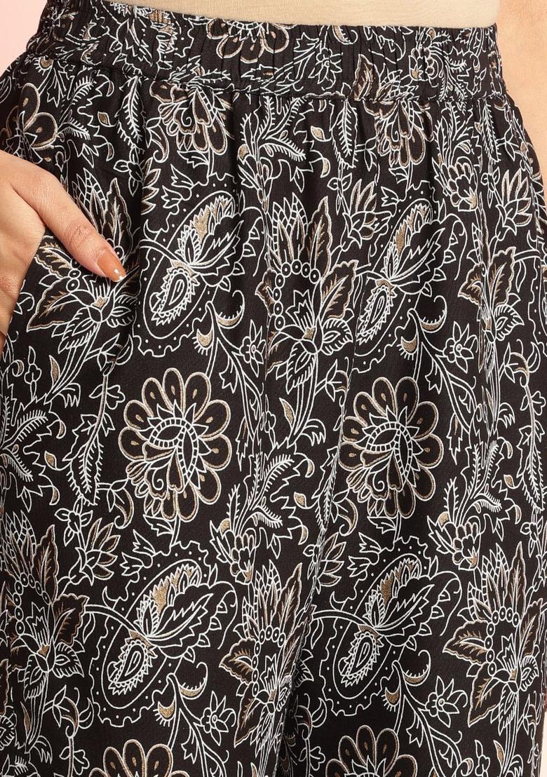 Black Printed Viscose Kurta Set - Indya