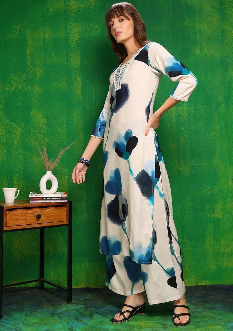 White Self Design Viscose Kurta Set - Indya