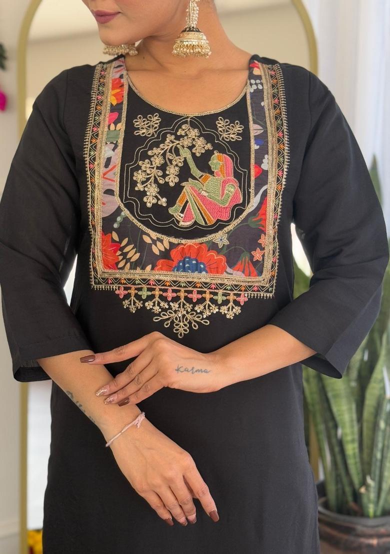 Black Yoke Design Viscose Kurta Set - Indya