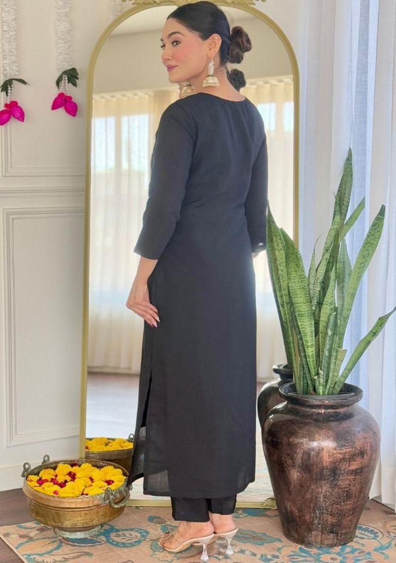 Black Yoke Design Viscose Kurta Set - Indya