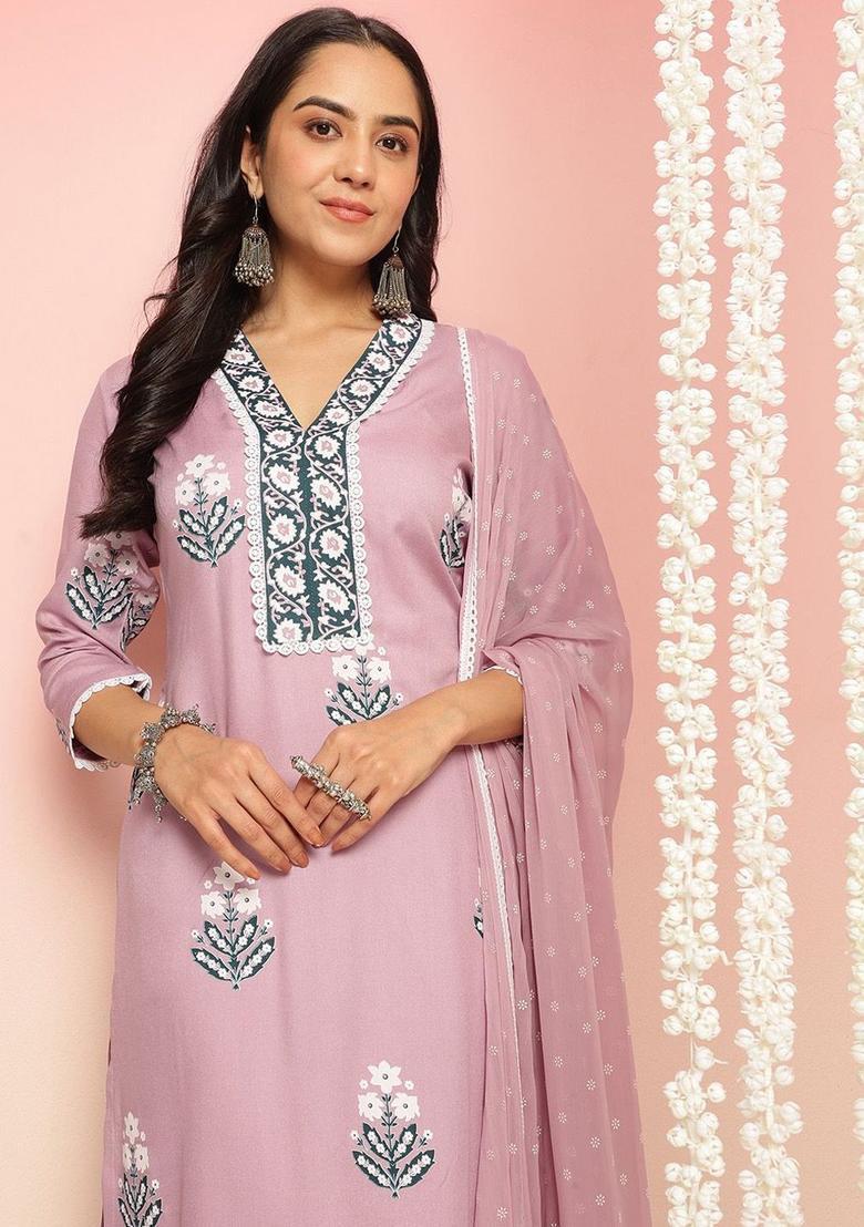 Purple Printed Viscose Kurta Set - Indya