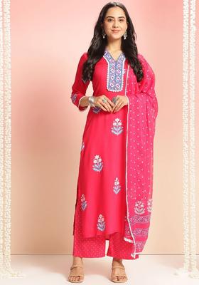 Pink Printed Viscose Kurta Set