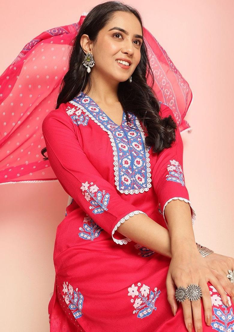 Pink Printed Viscose Kurta Set - Indya