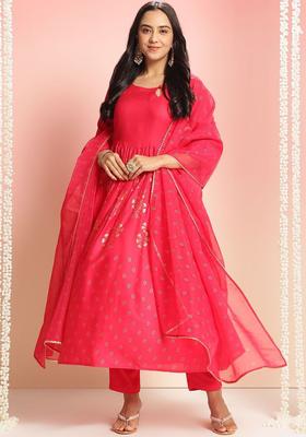 Pink Printed Viscose Kurta Set