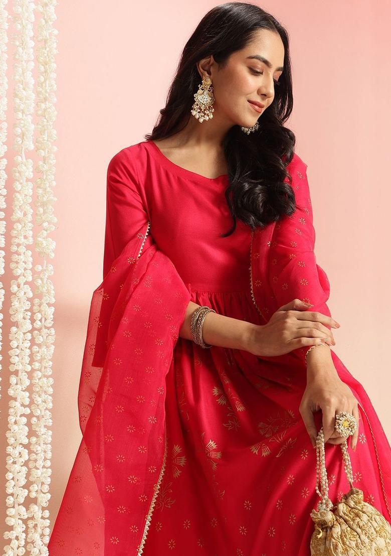 Pink Printed Viscose Kurta Set - Indya