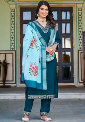 Teal Solid Silk Kurta Set