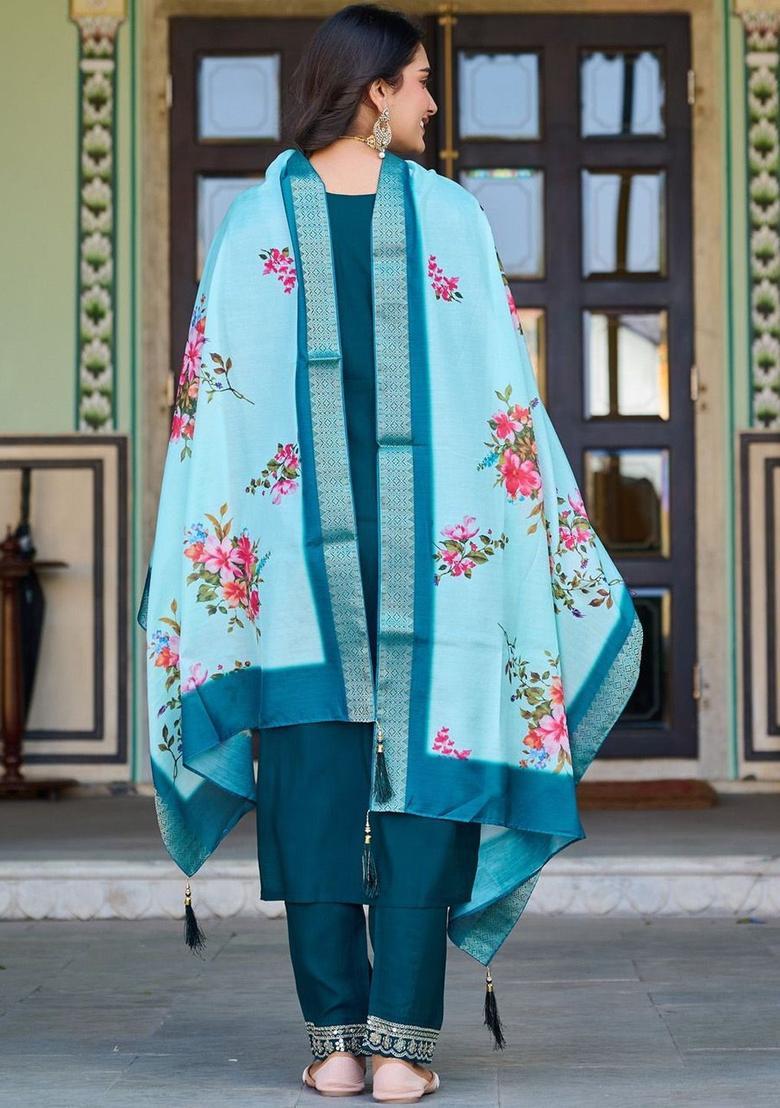 Teal Solid Silk Kurta Set - Indya