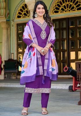 Purple Yoke Design Silk Kurta Set