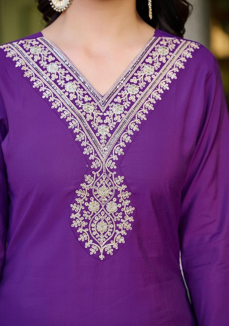 Purple Yoke Design Silk Kurta Set - Indya