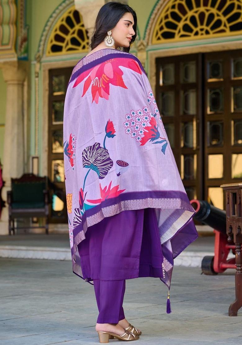 Purple Yoke Design Silk Kurta Set - Indya