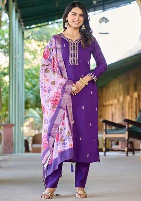 Purple Embroidered Silk Kurta Set