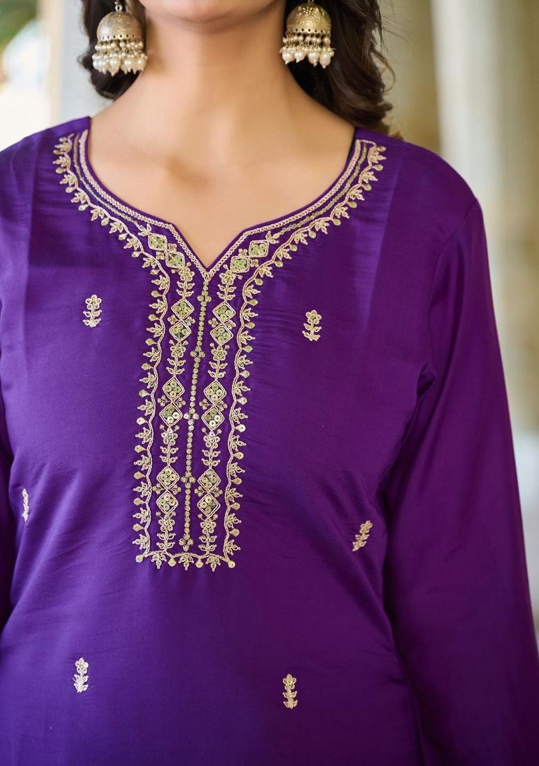Purple Embroidered Silk Kurta Set - Indya