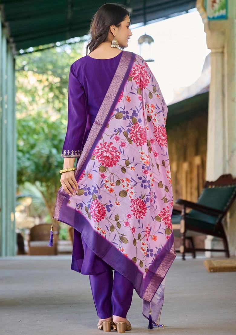 Purple Embroidered Silk Kurta Set - Indya