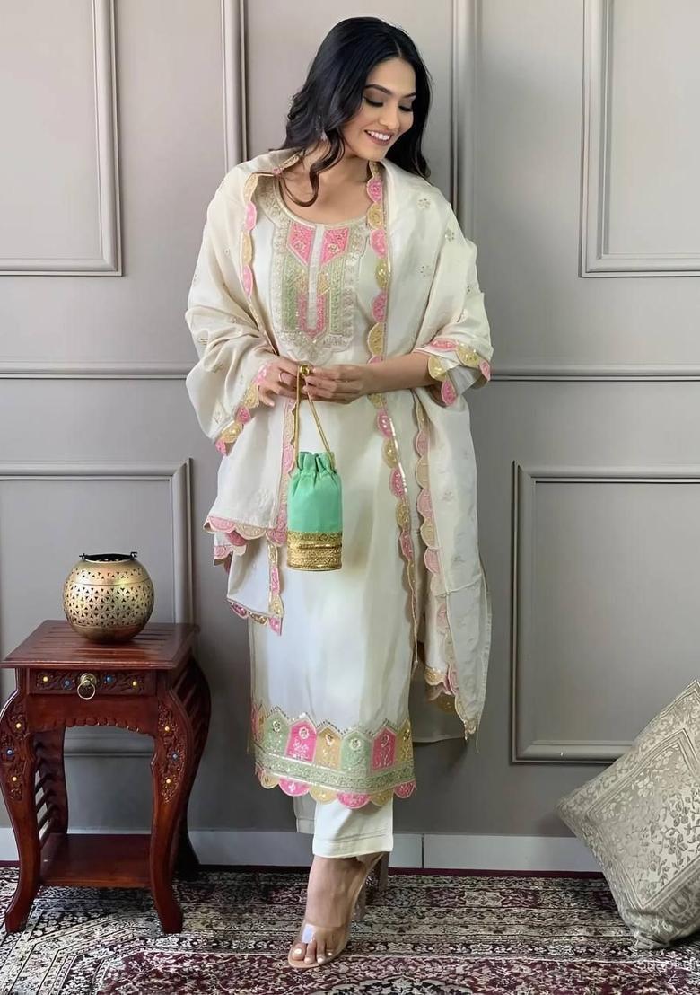 Off White Yoke Design Viscose Kurta Set - Indya