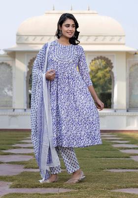 Blue Embroidered Cotton Kurta Set