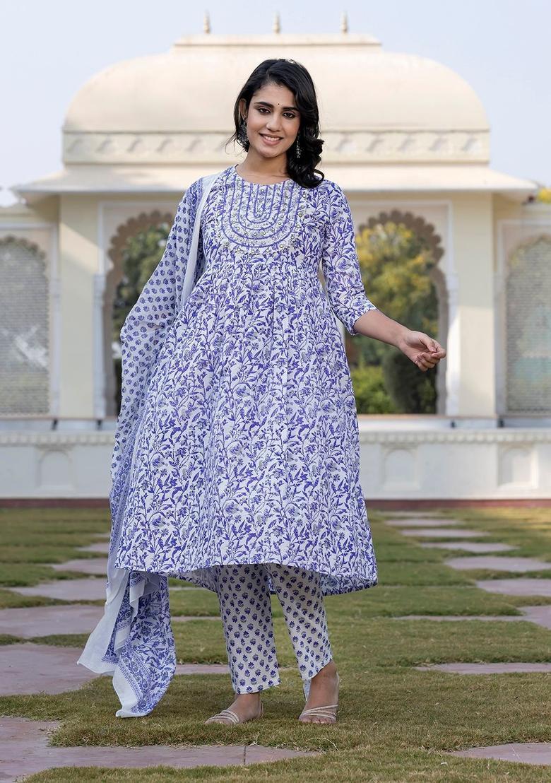 Blue Embroidered Cotton Kurta Set - Indya