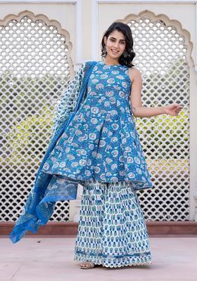 Blue Printed Cotton Kurta Set