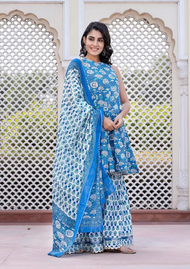 Blue Printed Cotton Kurta Set - Indya