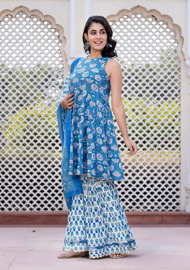 Blue Printed Cotton Kurta Set - Indya