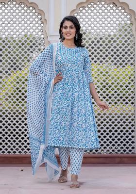 Turquoise Blue Embroidered Cotton Kurta Set