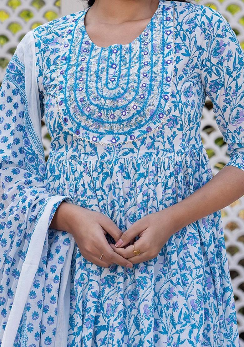 Turquoise Blue Embroidered Cotton Kurta Set - Indya