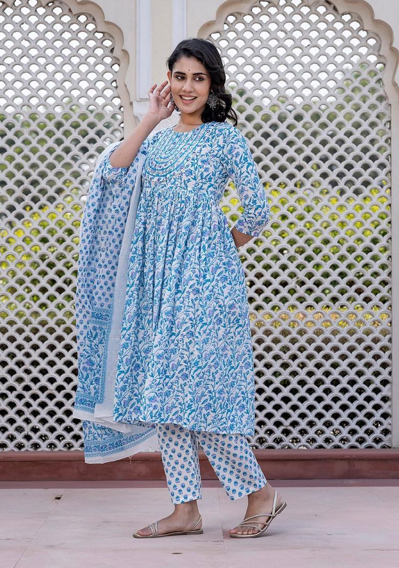 Turquoise Blue Embroidered Cotton Kurta Set - Indya