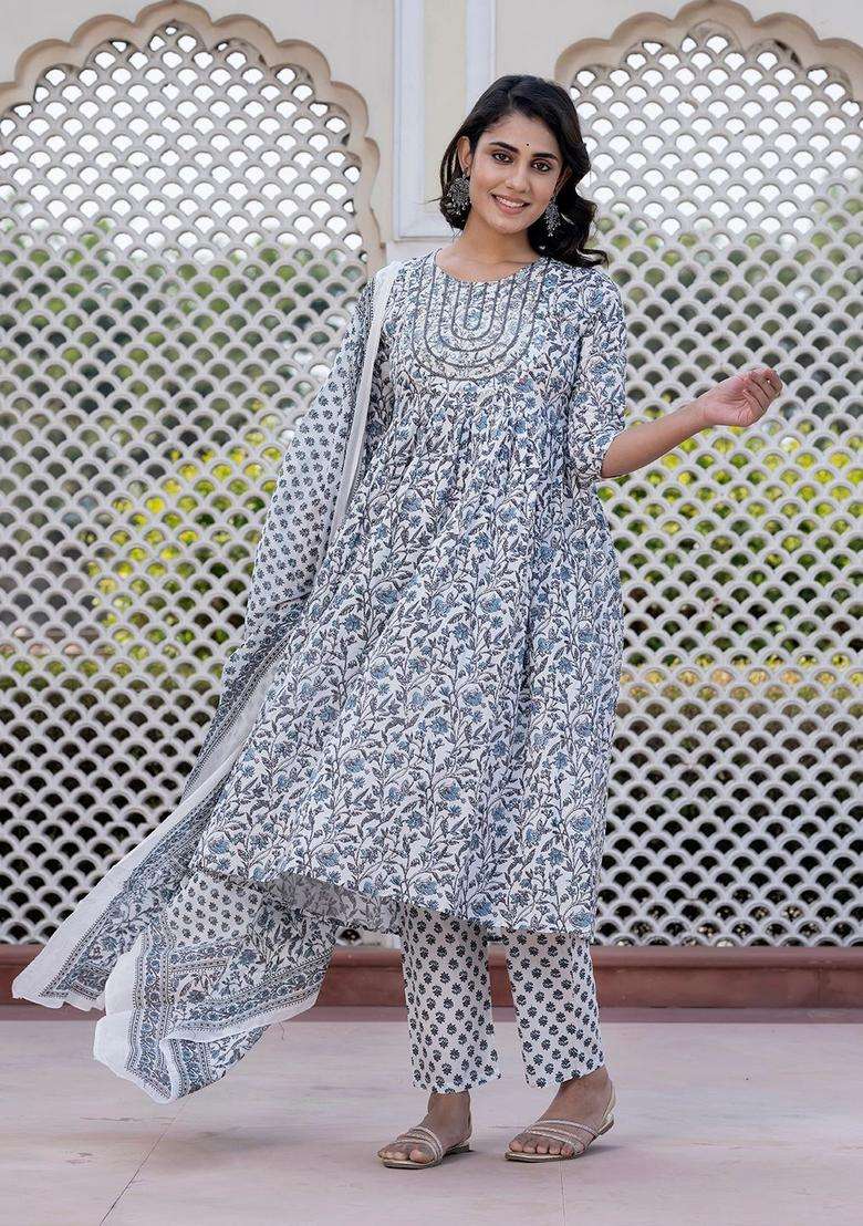 Grey Embroidered Cotton Kurta Set - Indya