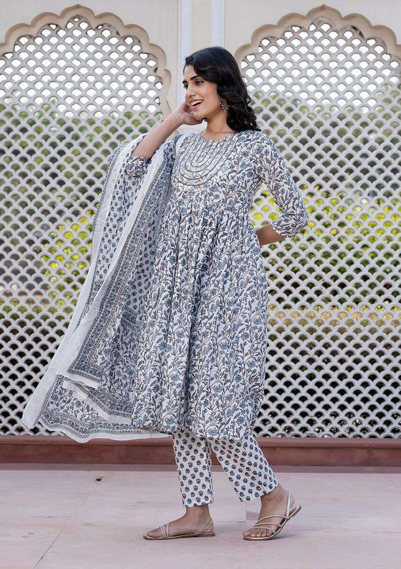 Grey Embroidered Cotton Kurta Set - Indya