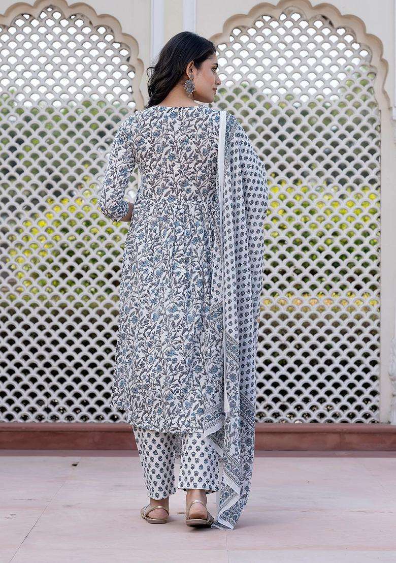 Grey Embroidered Cotton Kurta Set - Indya