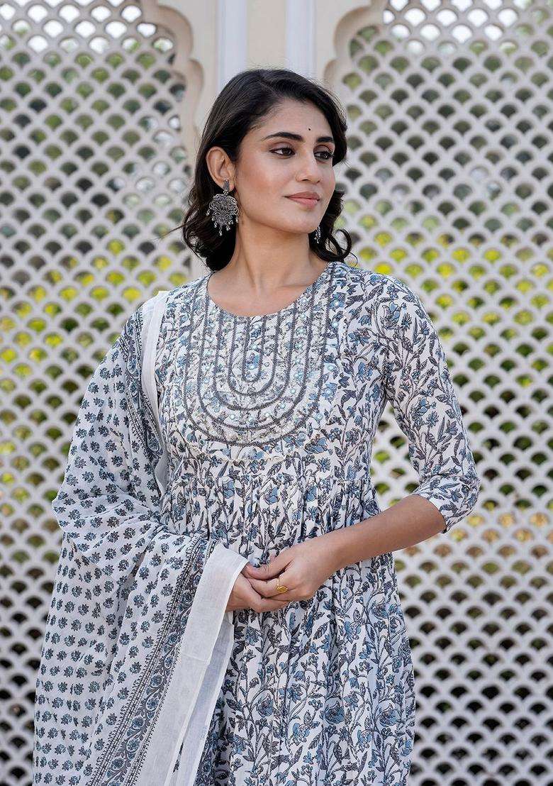 Grey Embroidered Cotton Kurta Set - Indya