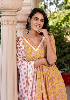 Mustard Printed Cotton Kurta Set
