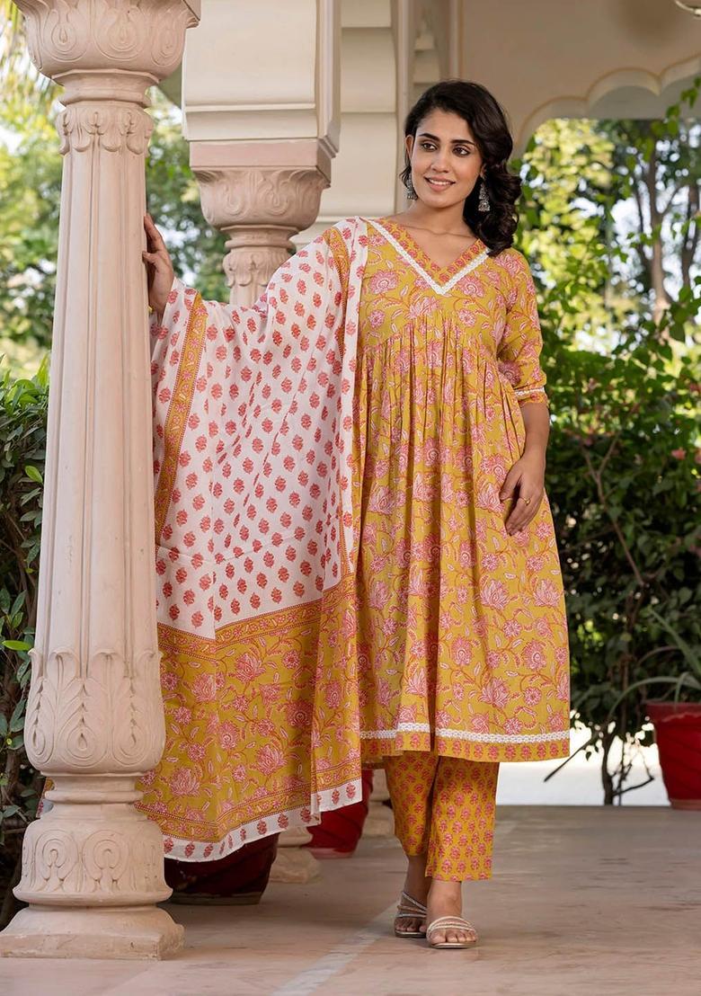 Mustard Printed Cotton Kurta Set - Indya