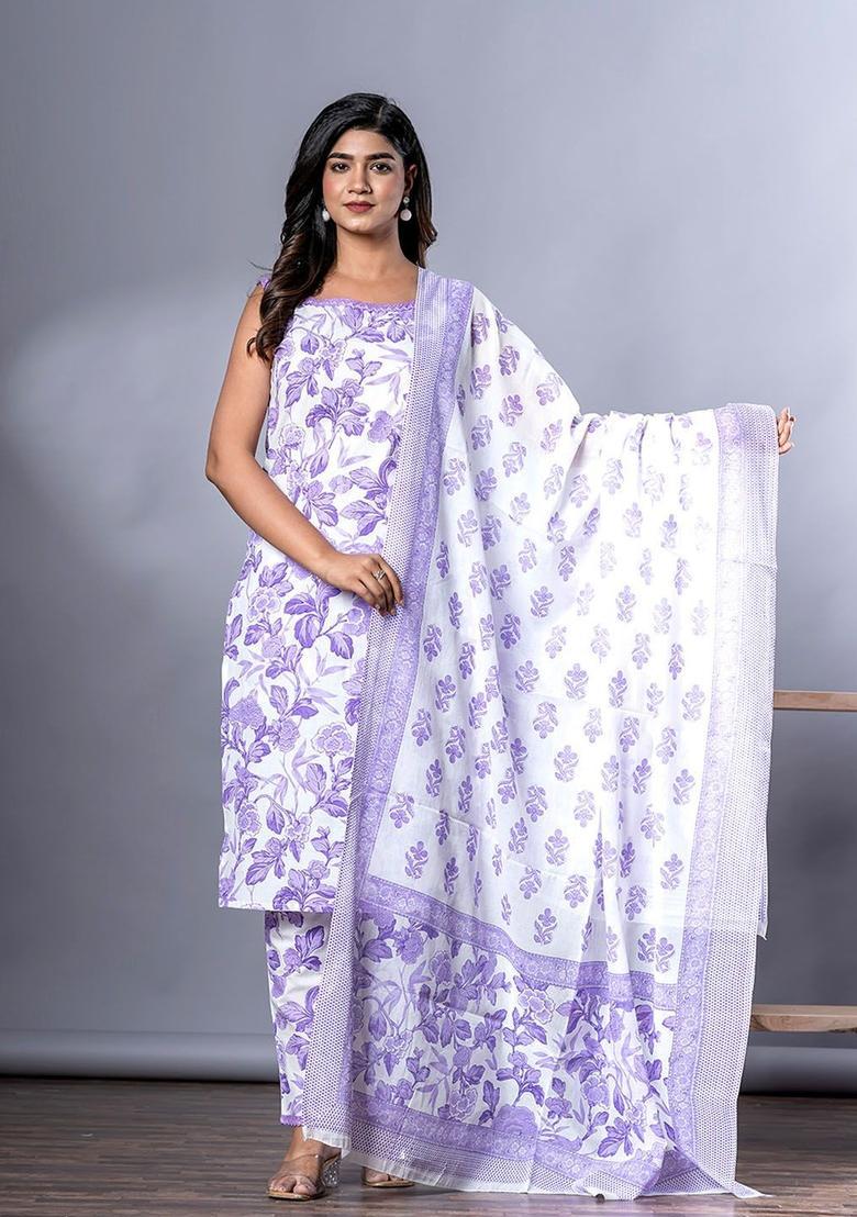 Purple Printed Cotton Kurta Set - Indya