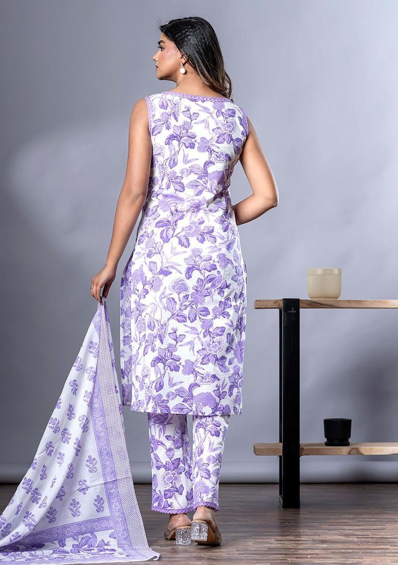 Purple Printed Cotton Kurta Set - Indya