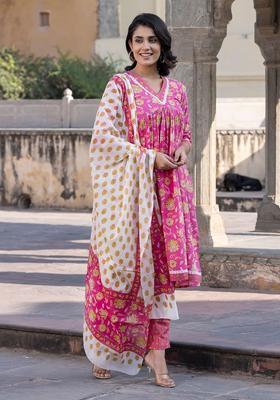 Pink Printed Cotton Kurta Set
