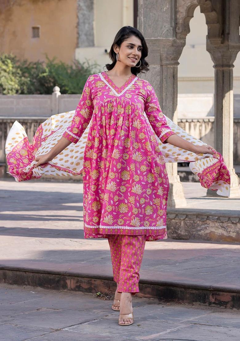 Pink Printed Cotton Kurta Set - Indya