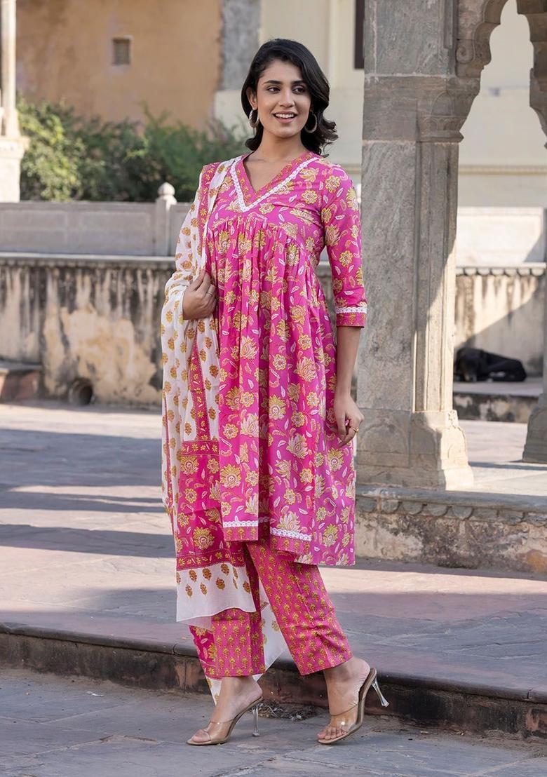 Pink Printed Cotton Kurta Set - Indya