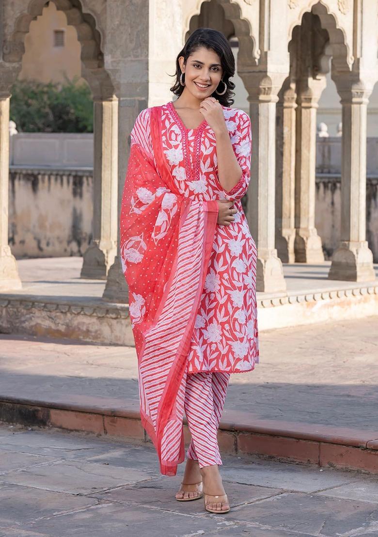 Pink Printed Cotton Kurta Set - Indya