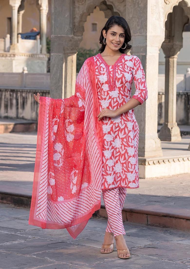 Pink Printed Cotton Kurta Set - Indya