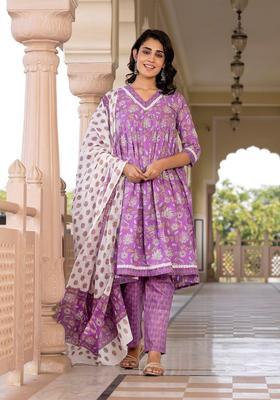 Purple Printed Cotton Kurta Set
